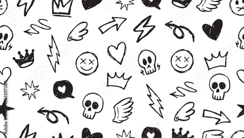 Hand Drawn Grunge Punk Doodle Seamless Pattern. Perfect for streetwear, grunge backgrounds, textiles, wallpaper, and digital art.