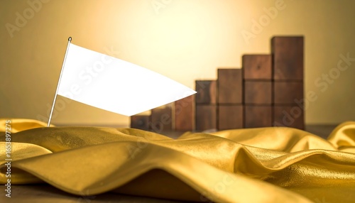 Blank flag atop rising blocks on gold fabric
