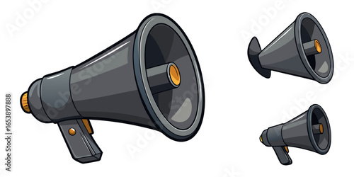 Set or collection of 3D dark grey megaphone icons, various loudspeaker angles, cartoon style audio objects isolated on white background vector illustration of sound amplifier, announcement. 