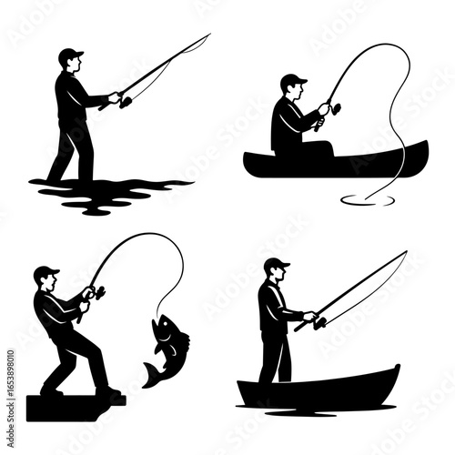 Fisherman Silhouette Vector with Fishing Rod and Boat Illustration