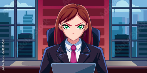 ベクター、イラスト、デザイン、グラフィック、クリップアート
アニメのビジネスウーマン、アニメのオフィスウーマン、アニメキャラクター、働くアニメの女の子、プロフェッショナルなアニメの女性
ビジネスウーマンのベクター、女性起業家、モダンなオフィスデスク、ノートパソコンのイラスト、デジタルオフィスのシーン
企業アニメスタイル、決意に満ちた表情、生き生きとしたアニメの髪、表情豊かなアニメの目、洗練されたビ