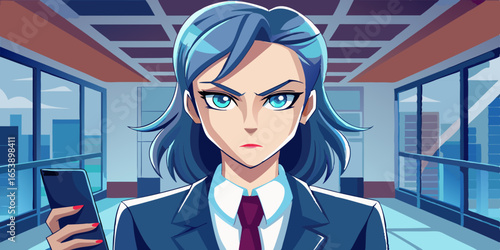 モダンな街並みの窓の前に立つエレガントなスーツを着たアニメ風の女性ビジネスマネージャー、自信に満ちた表情とダイナミックな決意のポーズのイラスト