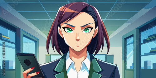 モダンな街並みの窓の前に立つエレガントなスーツを着たアニメ風の女性ビジネスマネージャー、自信に満ちた表情とダイナミックな決意のポーズのイラスト