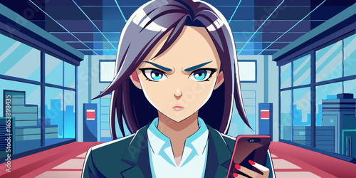 モダンな街並みの窓の前に立つエレガントなスーツを着たアニメ風の女性ビジネスマネージャー、自信に満ちた表情とダイナミックな決意のポーズのイラスト