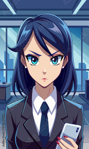 モダンな街並みの窓の前に立つエレガントなスーツを着たアニメ風の女性ビジネスマネージャー、自信に満ちた表情とダイナミックな決意のポーズのイラスト