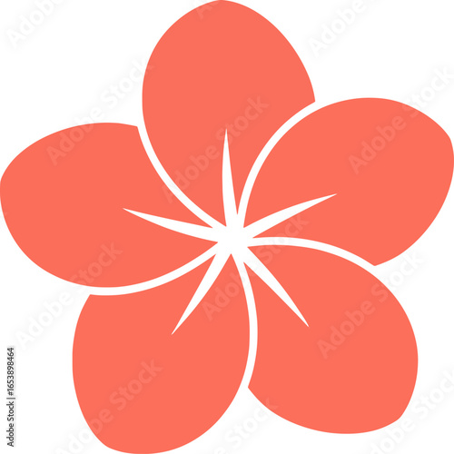 Detailed Frangipani Blossom Vector Art. Stylized vector illustration of a frangipani flower with a white stamen and five petals.
