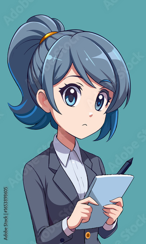 Vector illustration of anime woman in corporate setting, focused and engaged in meeting with pen and notebook, showcasing professional attentive mood