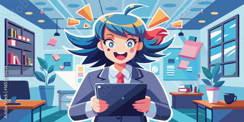 Vector illustration of anime woman in corporate setting, focused and engaged in meeting with pen and notebook, showcasing professional attentive mood