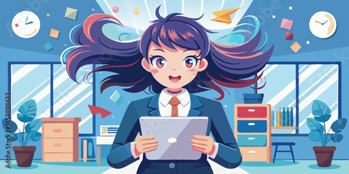 Vector illustration of anime woman in corporate setting, focused and engaged in meeting with pen and notebook, showcasing professional attentive mood