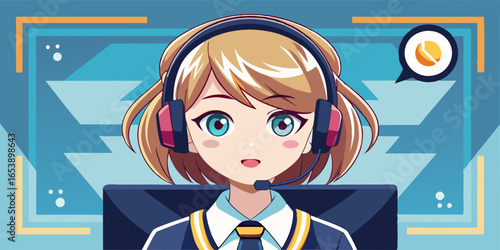 Anime style woman wearing headset in professional business attire, working in customer service call center or online video conference support illustration