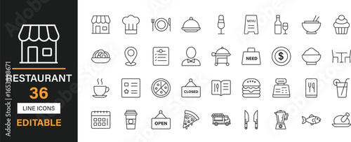 Restaurant 36 editable line icons set. Food, cafe, menu, dining, drink, chef, plate, glass, fork, spoon, knife, table, chair, cup, etc and solid icons.