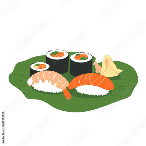 Assorted Sushi Rolls and Nigiri on a Green Leaf Plate with Ginger in White Background