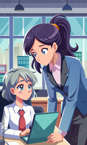 Anime style female mentor guiding younger colleague in modern office setting, expressive character illustration showing kindness, wisdom, teamwork, and inspiration