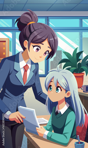 Anime style female mentor guiding younger colleague in modern office setting, expressive character illustration showing kindness, wisdom, teamwork, and inspiration