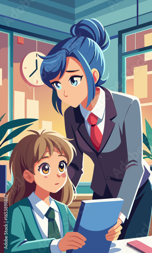Anime style female mentor guiding younger colleague in modern office setting, expressive character illustration showing kindness, wisdom, teamwork, and inspiration