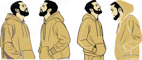 Man in hoodie contemplating or in a conversation, perfect for modern lifestyle designs