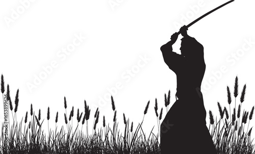 Samurai Silhouette with Raised Katana in Grass — Black and White Vector Illustration