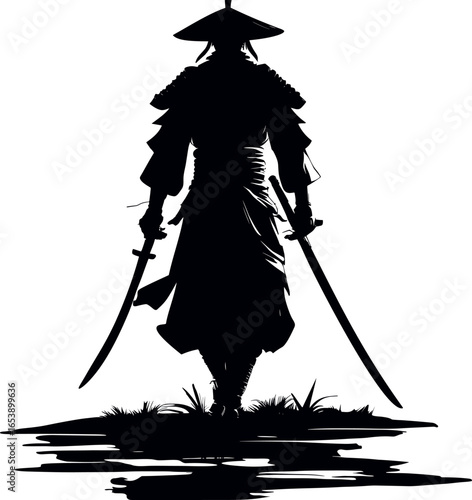 Samurai Silhouette with Katanas — Black and White Vector Illustration
