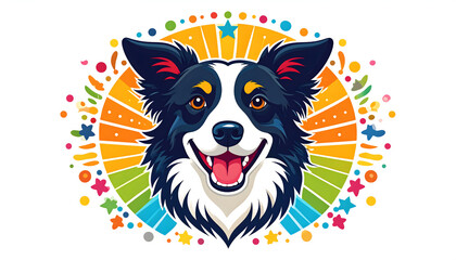 Joyful Border Collie Dog Portrait with Colorful Halo Style Graphic against a White Backdrop