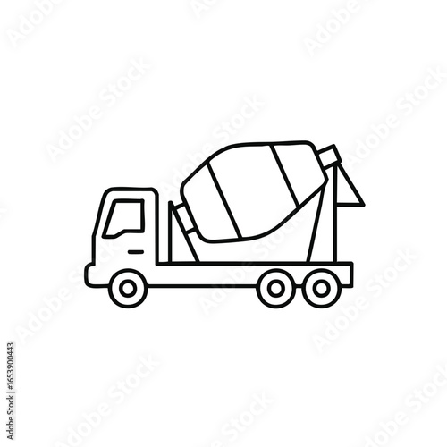 Simple line art illustration of a concrete mixer truck, symbolizing construction and heavy machinery on a white background.