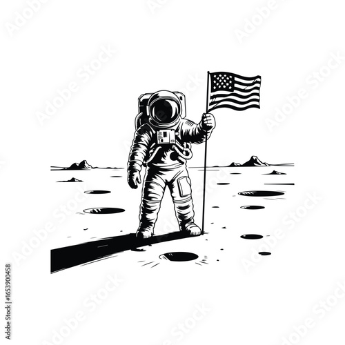 Canvas Print Astronaut standing on the moon with flag, space exploration line art design for