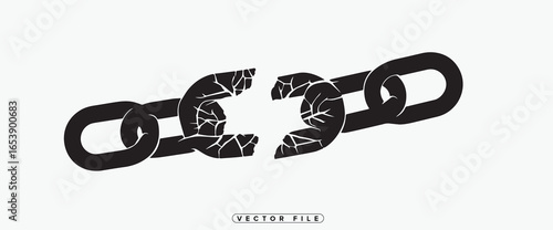 A broken chain link with cracked and fractured metal on a white background
