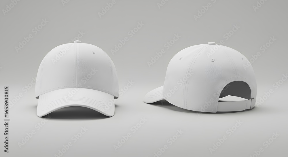 Fototapeta premium Two white baseball caps shown from front and back, isolated on a plain background