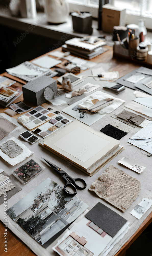 Creative Workspace with Design Inspiration and Material Samples on Wooden Table for Interior Designers and Architects Showing Artistic Process and Conceptual Development in Creative Workspace with Design Inspiration and Material Samples on Wooden Table for Interior Designers and Architects Showing Artistic Process and Conceptual Development in