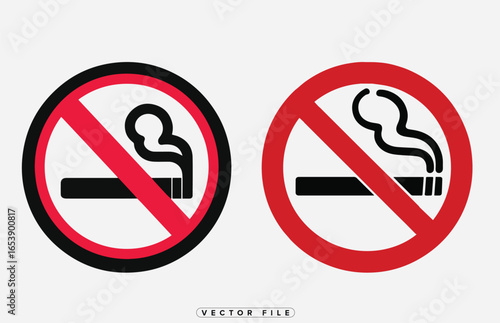 No smoking signs with cigarette and silhouette icons on white background