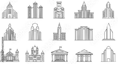A collection of minimalist black and white line art icons depicting various architectural styles of temples, churches, and official buildings, perfect for web design.