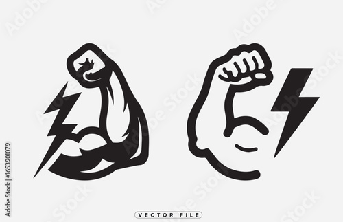 Black and white illustration of flexed arm muscles with lightning bolts