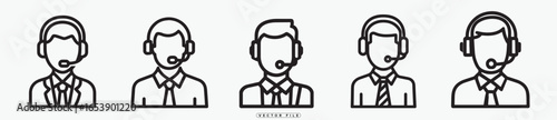 Black and white line art customer service representatives with headsets