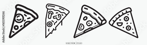 Four slices of pizza in a cartoon style with different toppings