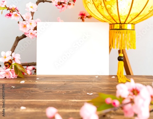 Blank paper on wooden table, decorated with spring blossoms and lantern