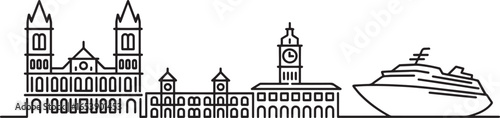 Cityscape Outline Vector Illustration Featuring Prominent Buildings and a Cruise Ship on Transparent