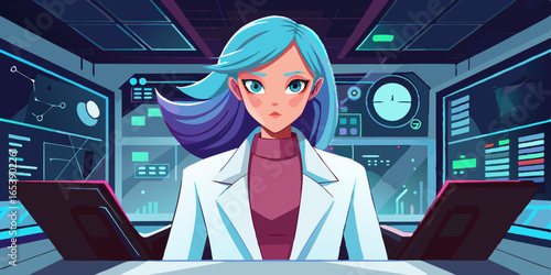 Anime style female scientist character in futuristic technology lab, wearing sleek white coat, using holographic neon displays with vibrant glowing hair illustration