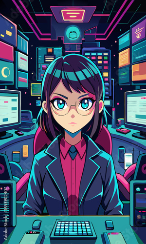 Vector illustration of anime-style woman coder in futuristic workplace, with glowing monitors and code, creative technology concept for modern design projects.