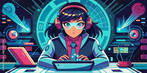 Futuristic anime woman with large expressive eyes working on wearable device, high tech cyberpunk environment, creative vector illustration for innovation and technology concepts