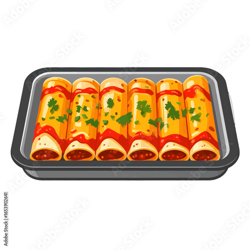 Close up of Enchilada Dish Featuring Tomatoes and Cheese in Gray Scale Tray with a Flat Design