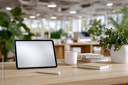 Modern office desk with tablet, coffee cup, books and plant showing comfortable workplace