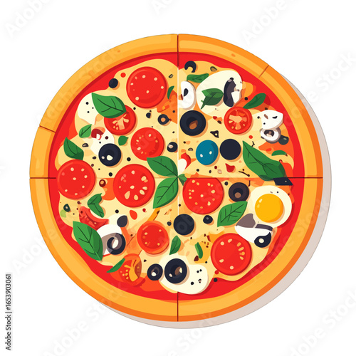 Overhead View of Pizza with Pepperoni Mushrooms Olives and Basil on White Background