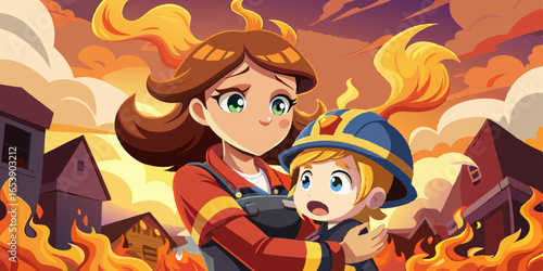 Anime female fire chief rescuing child during emergency, heroic firefighter carrying kid from burning fire scene