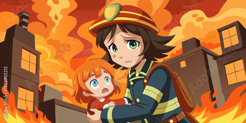 Anime female fire chief rescuing child during emergency, heroic firefighter carrying kid from burning fire scene