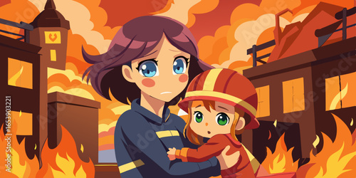 Anime female fire chief rescuing child during emergency, heroic firefighter carrying kid from burning fire scene