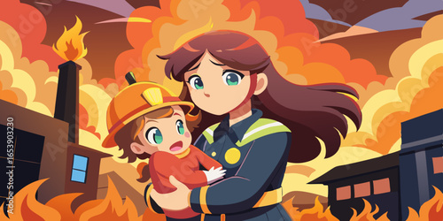 Anime female fire chief rescuing child during emergency, heroic firefighter carrying kid from burning fire scene