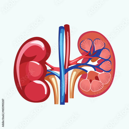 Human kidneys anatomy inside and outside.  Internal organ icon  on white background. Concept of urinary system. Vector illustration. 