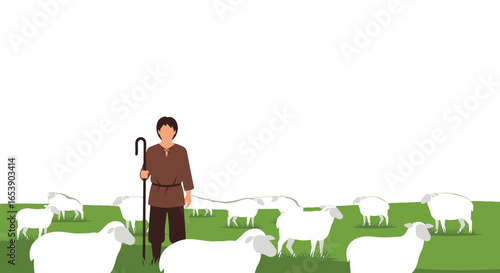 Shepherd with a Flock of Sheep in a Green Pixelated Field Simple Pastoral Scene under a Clear White Sky