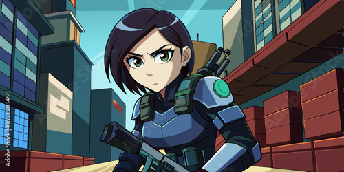Anime style female army officer in tactical gear preparing for building breach mission with focused expression
