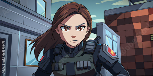 Anime style female army officer in tactical gear preparing for building breach mission with focused expression