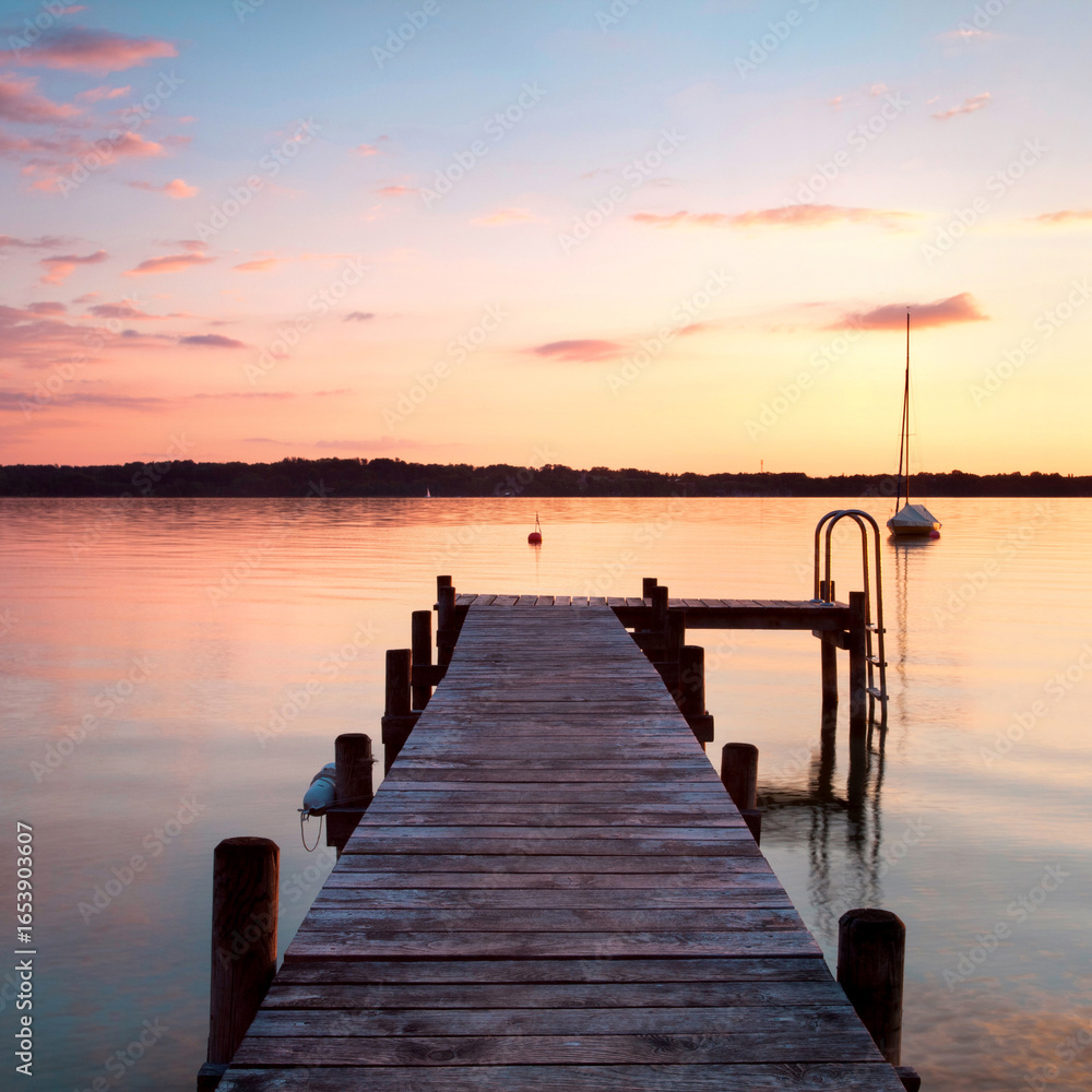 Obraz premium sunset on the wooden pier over the idyllic lake